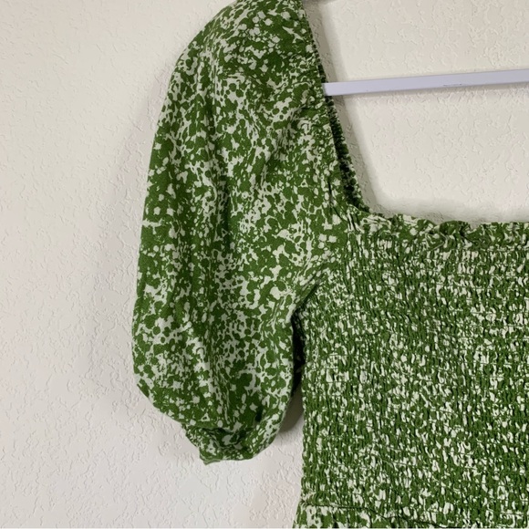 Abercrombie & Fitch Womens Green/ White Smocked tiered linen blend Midi Dress MT - Picture 6 of 10